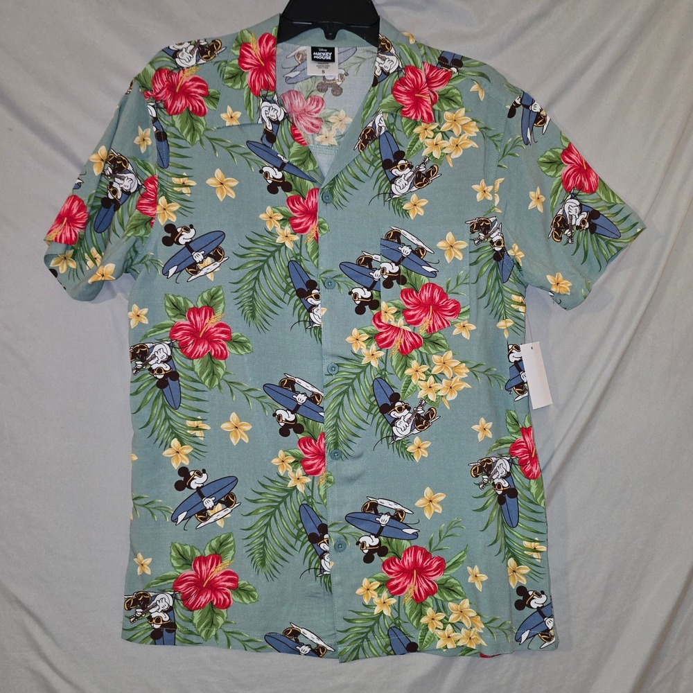 Disney Mickey Mouse Button Down Shirt S Mens Green Tropical Surfing Aloha Rayon